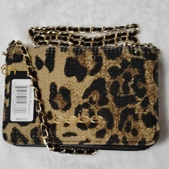 BEBE Beaded Texture Leopard Print Chain Bag - Picture 1 of 10